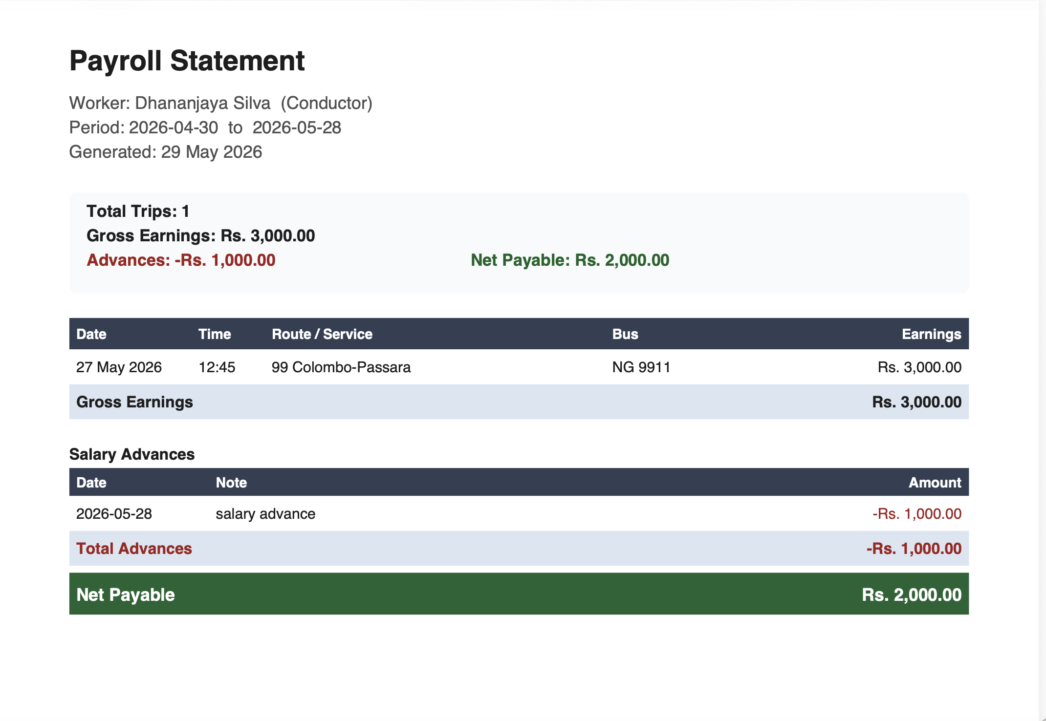 RouteBus payroll statement